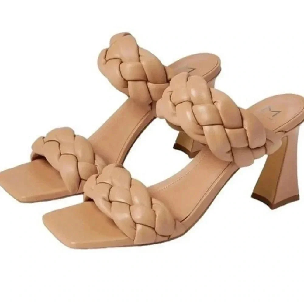 Marc Fisher‎ LTD Hammy Leather Slip On 3" Kitten Heel Chunky Sandal Carmel 5 NEW